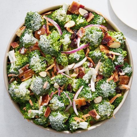 broccoli salad with bacon, red onion, and almonds