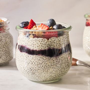 chia pudding with berries, granola, and jam