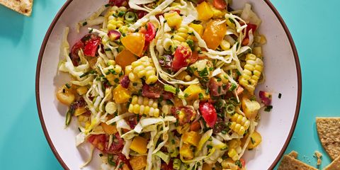 golden girl salad with corn, cabbage, and cherry tomatoes by baked by melissa