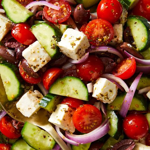 greek salad with cucumber, tomatoes, red onion, olives, and feta