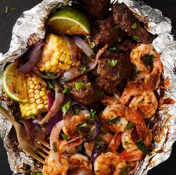 shrimp and steak grilled foil packs with corn and onion